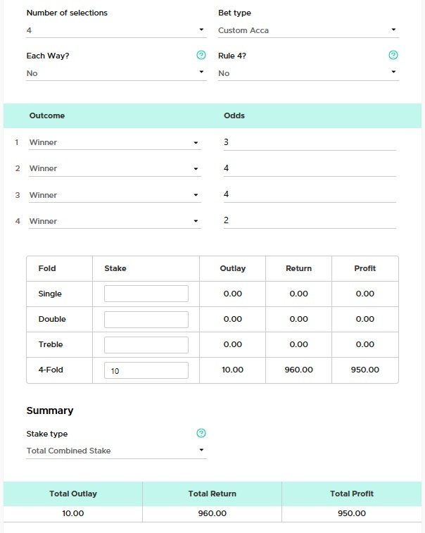 image of the outplayed accumulator calculator with odds of 3, 4, 4 & 2 entered showing returns of £960